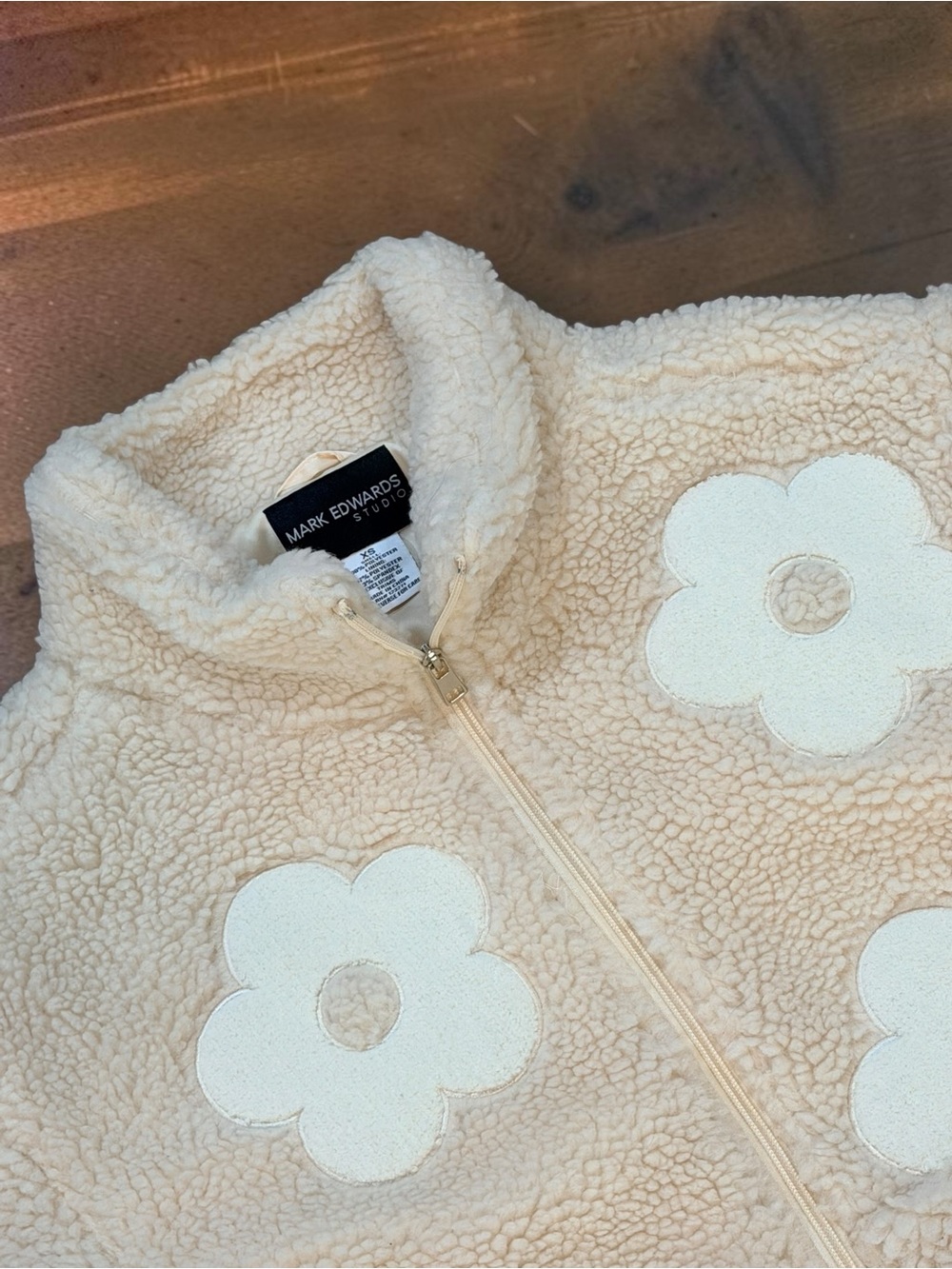 Mark Edwards Jacket Womens XS Cream Flower Teddy Sherpa Mock Neck Zip Up ECU